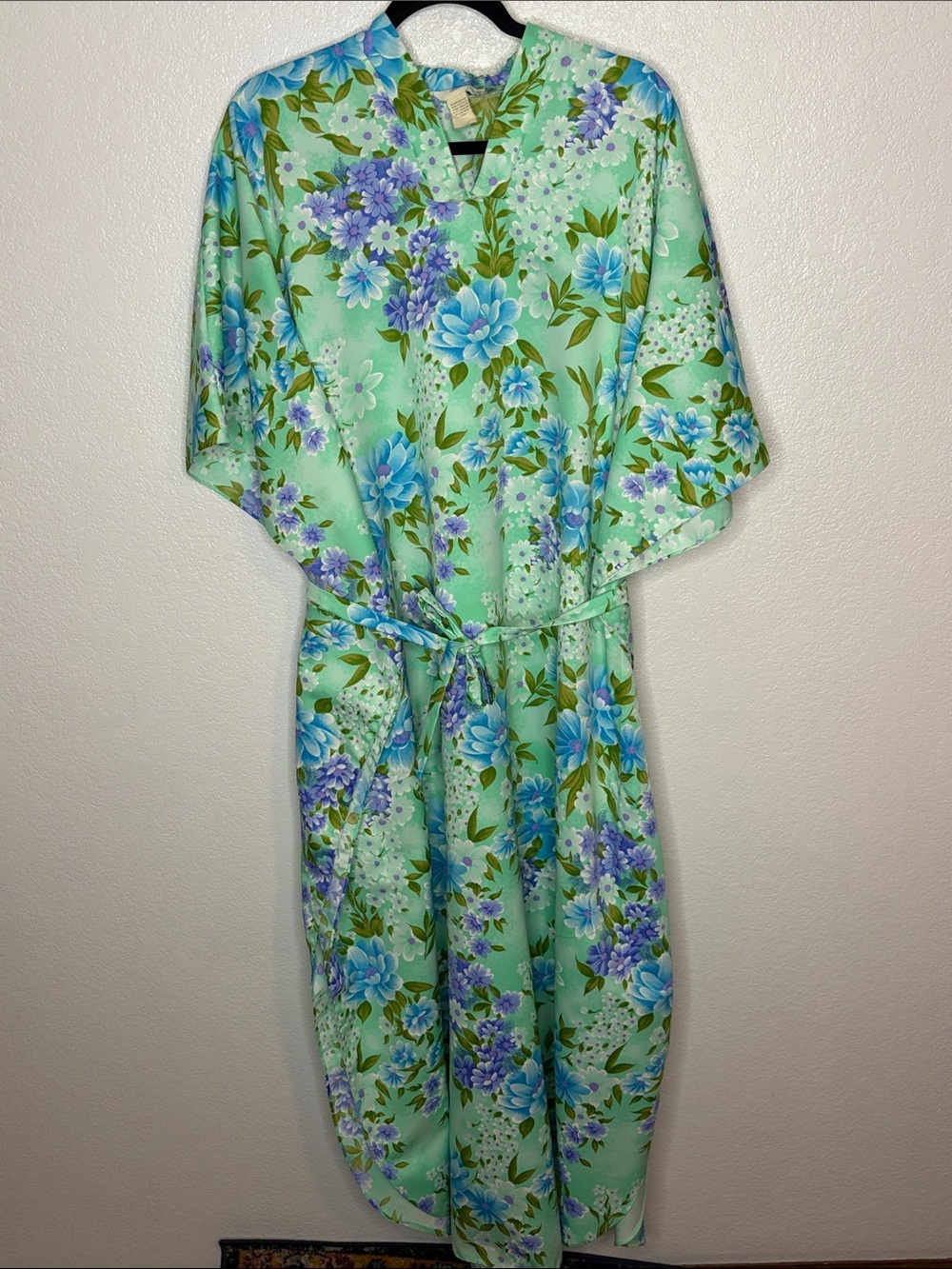 Vintage 60s Royal Palm Hawaii Aqua Floral Kaftan Free Size With Belt